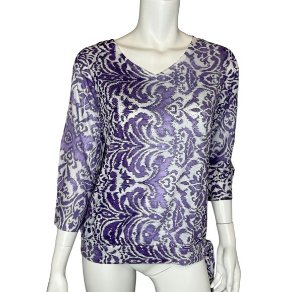 CHICOS Size 1 US M Purple & White Paisley Print Knit Top Rhinestone Trim - Picture 13 of 14